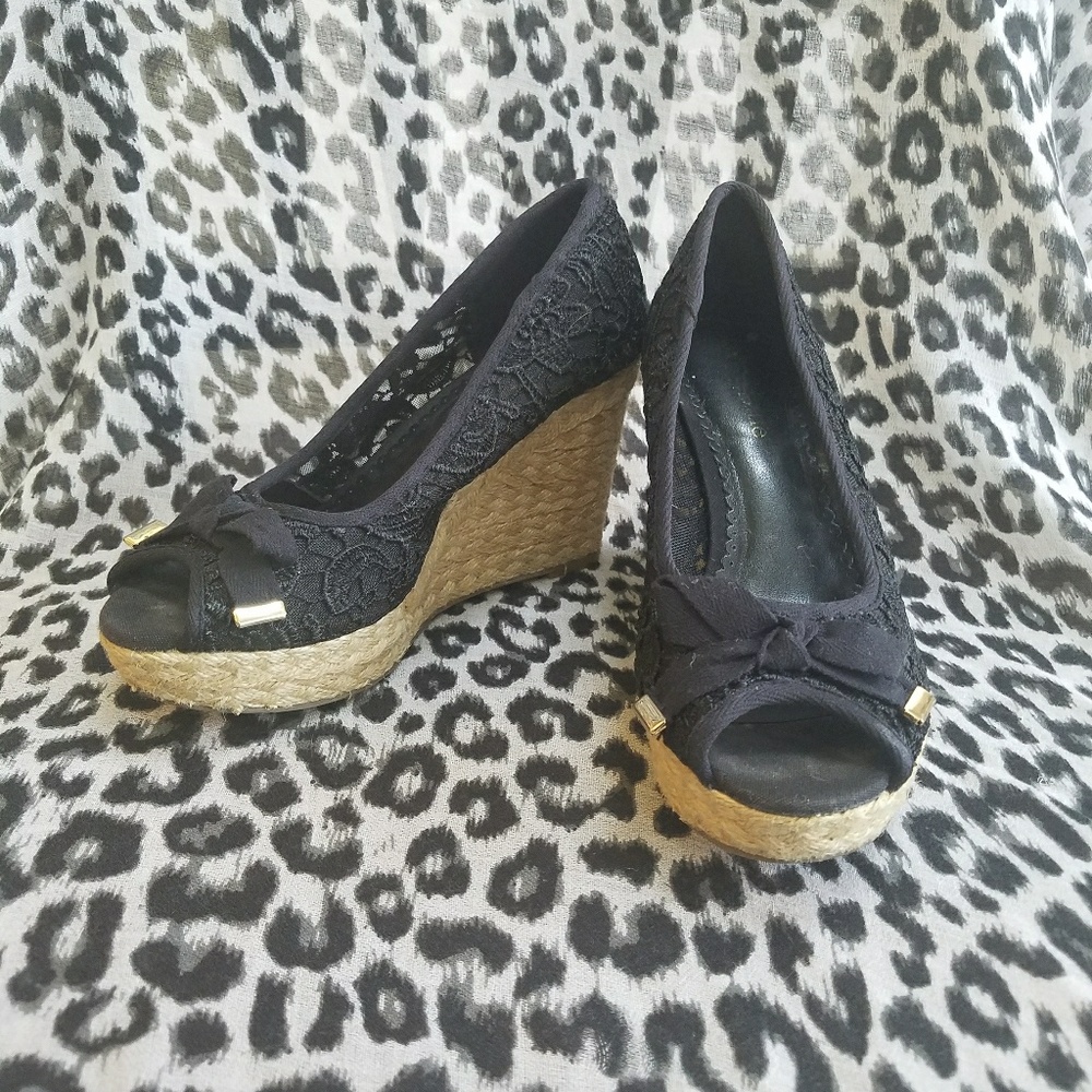 Kelly & Katie black lace peep toe wedges